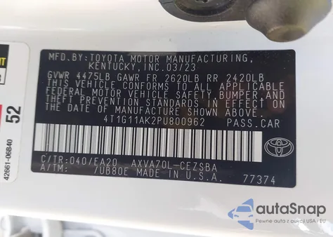 2023 Toyota Camry Se from USA, damaged, VIN 4T1G11AK2PU800962